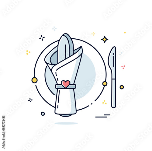 Wedding reception place setting highlighting a refined napkin ring with a tiny heart detail holding a carefully folded cloth napkin beside a minimal plate