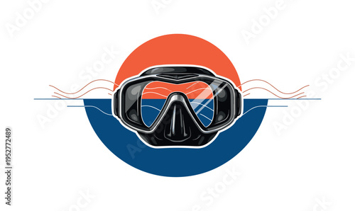 Black and white realistic snorkeling mask viewed from the front, detailed glass reflection, cut-out effect with white outline, layered over bold geometric