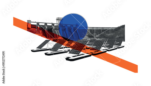 Black and white dam structure in background with floating solar arrays in foreground, bold blue circular halo behind the dam and orange diagonal accent slicing