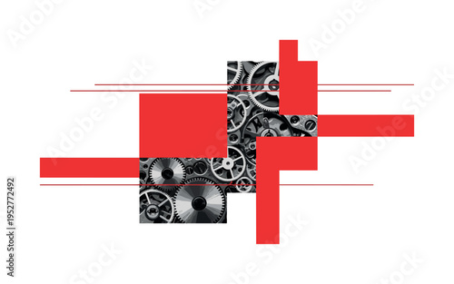 Monochrome macro view of small intricate watch gears, intersected by bold red geometric blocks and thin horizontal rhythm lines representing time and