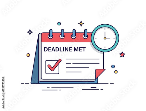 Deadline met concept featuring a calendar page with a bold checkmark and subtle clock accent, symbolizing punctuality and organized planning. The compact scene