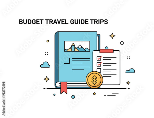 Budget travel guide for June trips featuring a guidebook with a small coin icon and checklist accent, expressing smart planning and affordable holiday ideas.