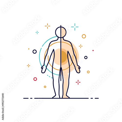 Energy body separation concept built around a standing human outline with a glowing inner aura slightly offset, symbolizing duality, higher self awareness, and