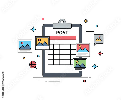 Creative content planning clipboard with post calendar layout and small image thumbnail icons. A tidy micro scene about scheduling, organization and consistent