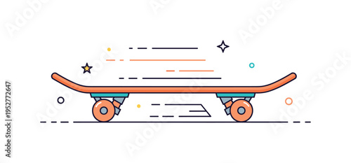 Close-up of a skateboard with wheels and deck visible, motion lines suggesting speed and movement, highlighting the sport?s dynamic nature. Minimalist flat
