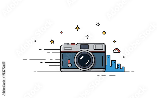 Street photography moment centered on a compact film camera with subtle motion lines and a tiny city silhouette accent behind it. The scene captures