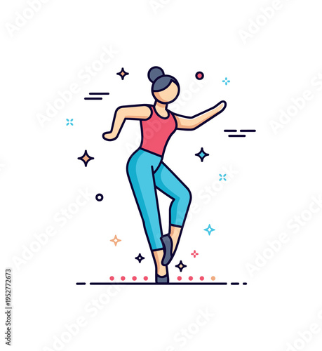 Tap choreography rehearsal shown through a simplified dancer silhouette mid-step with tiny sparkle accents and rhythmic dots beneath the feet to symbolize