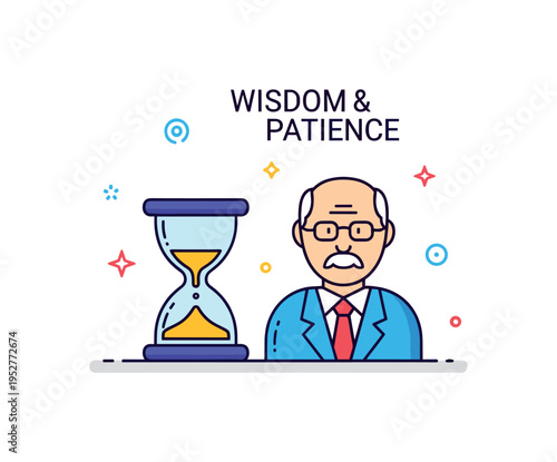 Wisdom and patience theme illustrated through a small hourglass icon beside a senior figure, expressing time tested insight and thoughtful decision making. A