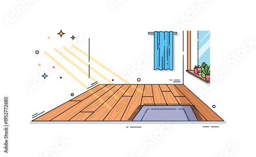 Wood flooring interior bright room corner with neatly aligned wooden boards, a soft rug accent and sunlight rays streaming through a window, conveying warmth