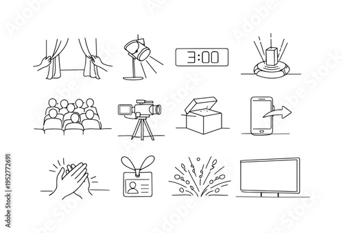 Immersive Product Launch. Minimalistic set one-line drawing unveiling curtain, stage spotlight, countdown timer display, hologram projection, audience seating,