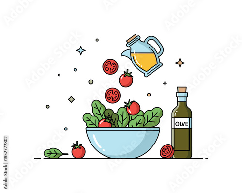Salad assembly leafy greens, cherry tomatoes, and olive oil pouring into a bowl, creating a fresh and balanced composition. A clean editorial badge
