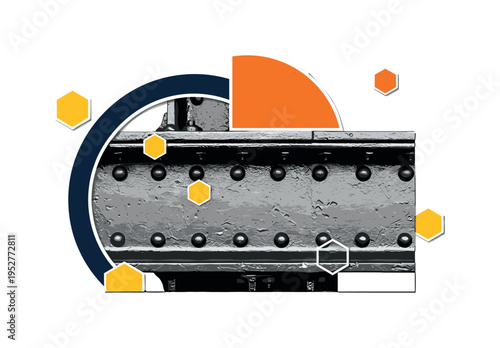 Black and white close-up of riveted steel beam texture with visible bolts, vivid orange semicircle anchoring the top corner, deep navy circular frame element