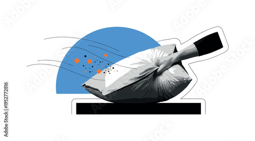 Black and white retro hand mid-motion fluffing a large pillow, bold soft blue semicircle behind like a calm halo, thin curved motion lines radiating outward,