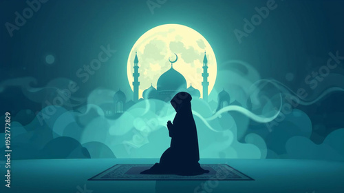 illustration of a lone Islamic woman praying in front of grand mosque at night