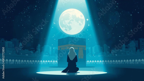 Muslim woman praying in front of the Kaaba illustration background