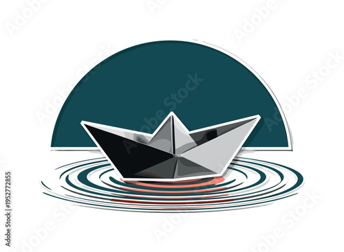 A monochrome paper boat floating on a rain puddle, boat simplified into sharp geometric triangle forms, concentric circular ripples expanding