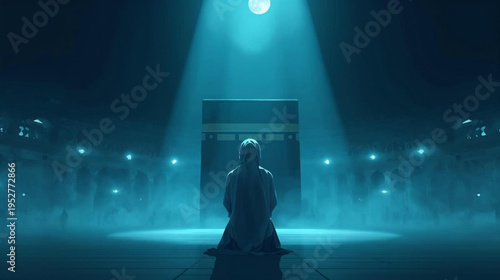 Muslim woman praying in front of the Kaaba illustration background