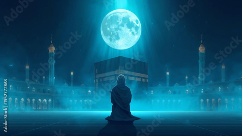 Muslim woman praying in front of the Kaaba illustration background