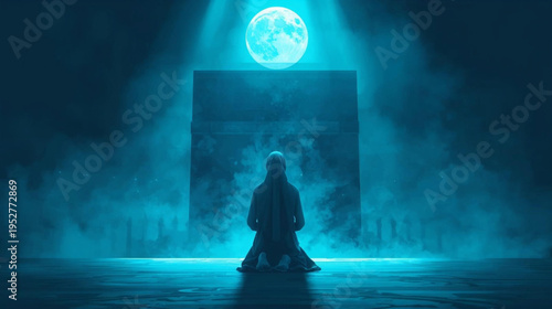 Muslim woman praying in front of the Kaaba illustration background