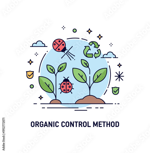 Organic pest control method concept represented by a ladybug icon near leafy plants, symbolizing natural protection without chemicals. Clean badge style layout