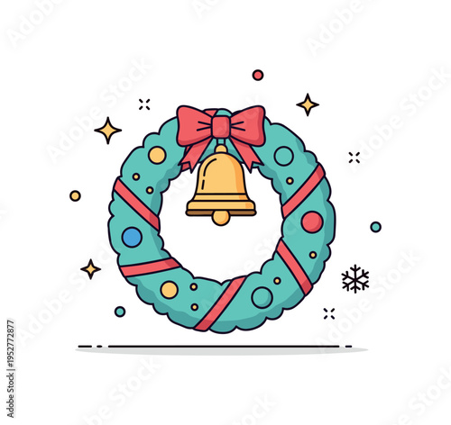 Christmas wreath with golden bell and bow symbolizing celebration and togetherness during winter holidays. Subtle sparkles around the circular shape emphasize