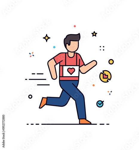 Nonprofit marathon participation concept centered on a runner wearing a bib with a small heart emblem, symbolizing dedication and empathy in action. Subtle