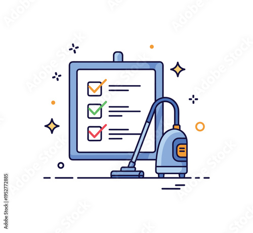 Organized household routine depicted by a simple checklist board with a vacuum icon marked as completed and small sparkle accents nearby, expressing