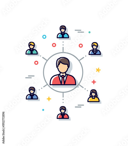 Business expansion team scaling concept featuring a central leader figure surrounded by additional smaller team silhouettes connected with subtle lines. A