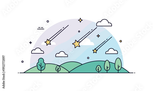 Shooting stars over rolling hills with a soft gradient sky, illustrating night-time magic, dreams, and cosmic wonder. Minimalist flat vector illustration,