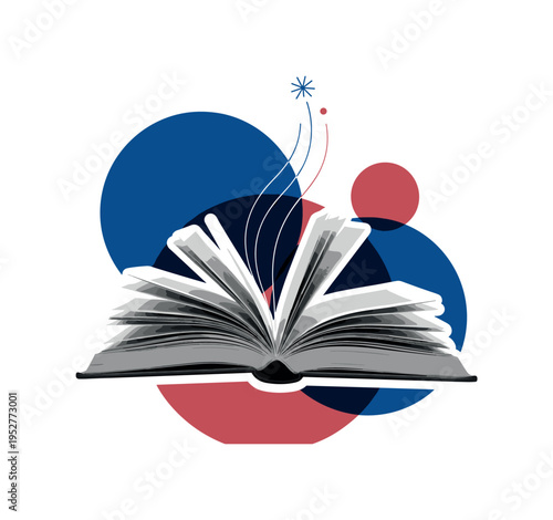 Black and white realistic open vintage book with pages slightly turning, cut-out effect with white outline around the book, layered over bold geometric circles