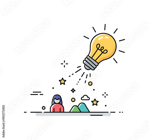 Creative narrative design featuring a lightbulb icon projecting tiny scene elements like a character silhouette and landscape symbolizing imagination turning