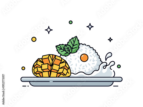 Mango sticky rice with decorative mint leaf and coconut cream splash on a plate, conveying freshness, tropical aroma, and appetizing dessert charm. Minimalist