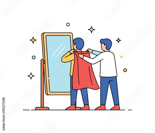 Fitting a cosplay costume illustrated by a person adjusting a cape in front of a mirror, symbolizing final preparation and character transformation. The
