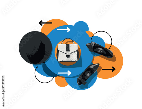 Top-down conceptual view of mixed accessories ? hat, bag, shoes ? arranged within overlapping blue and orange circles, subtle abstract arrows suggesting