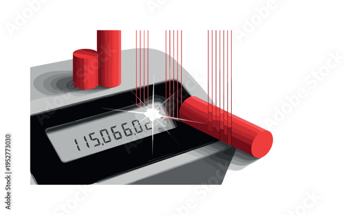 Close-up monochrome smart electricity meter with visible numbers, overlaid with red abstract cylinders and thin vertical lines symbolizing encrypted data
