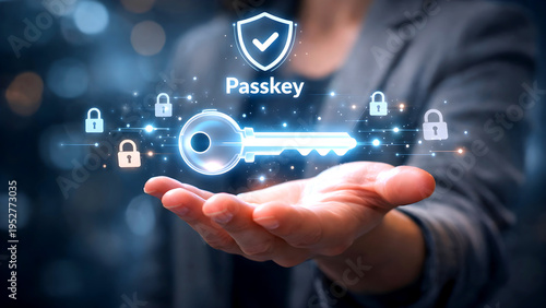 Wallpaper Mural "A hand is shown holding a virtual passkey icon with shield, representing the concept of passwordless authentication, cybersecurity, digital identity safeguarding, and advanced future technology." Torontodigital.ca