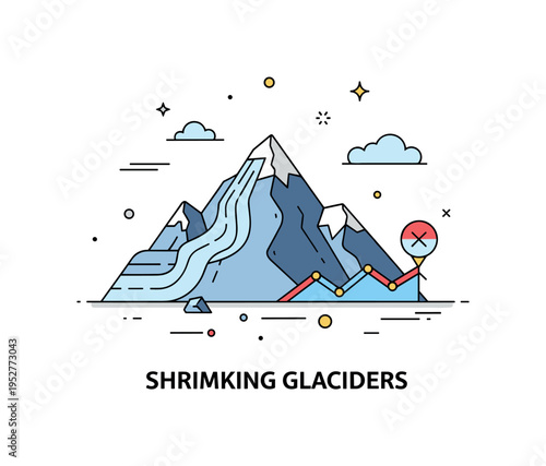 Shrinking glaciers visualization centered on a mountain peak with receding ice layer lines and a subtle comparison marker, representing long term climate