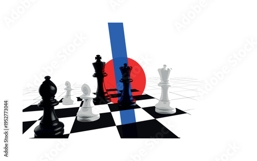 Black and white chessboard tilted diagonally with oversized pieces in foreground, bold blue vertical stripe dividing players? sides, red circular accent
