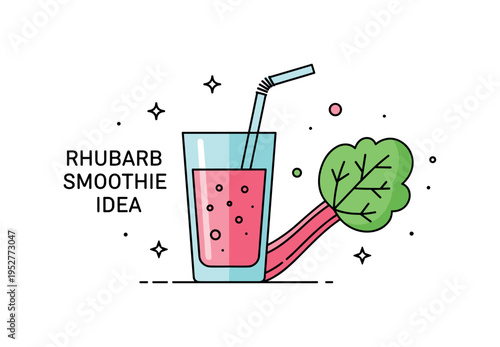 Rhubarb smoothie idea glass with pink drink and a rhubarb stalk icon beside it. A modern micro scene expressing healthy seasonal beverages and natural flavors.
