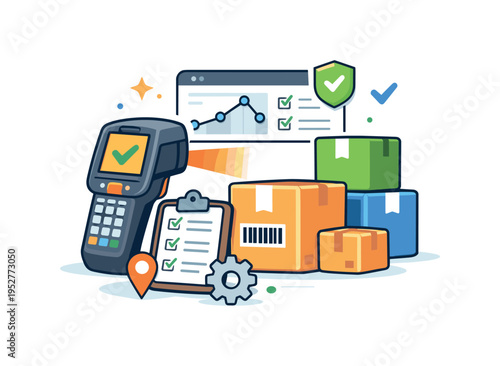 Supply chain efficiency expressed through transparency and control. A calm editorial illustration representing trust and oversight with a scanner and neatly