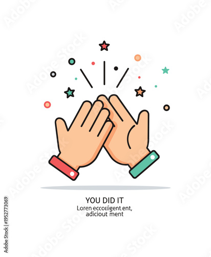 Celebratory high five concept featuring two rounded hand silhouettes clapping together above a minimal confetti scatter. A short ?You Did It? text detail