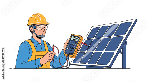 Solar Panel Technician: An illustration of a technician meticulously inspecting a solar panel, using a multimeter to assess its performance.