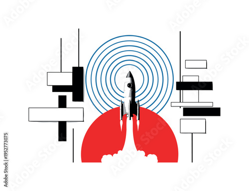 Black and white vintage rocket launching upward through a bold red semicircle, blue concentric rings symbolizing expanding universe, abstract rectangular