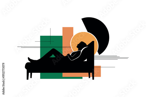Black and white silhouette reclining comfortably on a bed, oversized semicircle halo behind head symbolizing rest, emerald green and muted orange