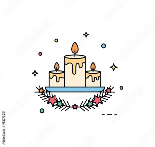 Holiday candle decor concept shown through three small candles surrounded by subtle star accents and a simple wreath shape, symbolizing seasonal warmth and