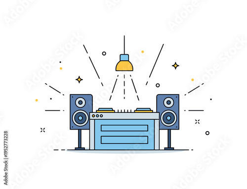 Club night atmosphere featuring a simplified DJ booth with bold speakers and subtle light beam shapes radiating outward, expressing rhythm and movement. The