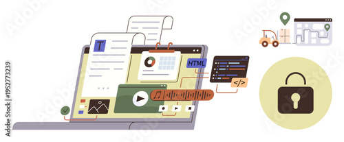Digital content creation, cybersecurity, online data management, web applications, media synchronization, secure data. Laptop with open files, coding interface lock icon. Cybersecurity and online