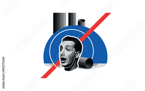 Black and white expressive actor?s face in mid-monologue, oversized cobalt blue semicircle halo behind the head, sharp red diagonal line slicing through