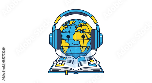A smiling cartoon globe wearing blue headphones sits atop an open blue book with images on its pages on a white background.