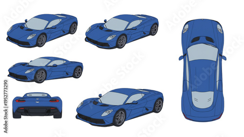 Modern Blue Sports Car Vector Art Set with Multiple Perspectives